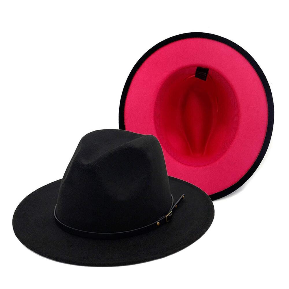5136 Wide Brim Fedora Felt Panama Hat with Belt Buckle - Black&Rose Red